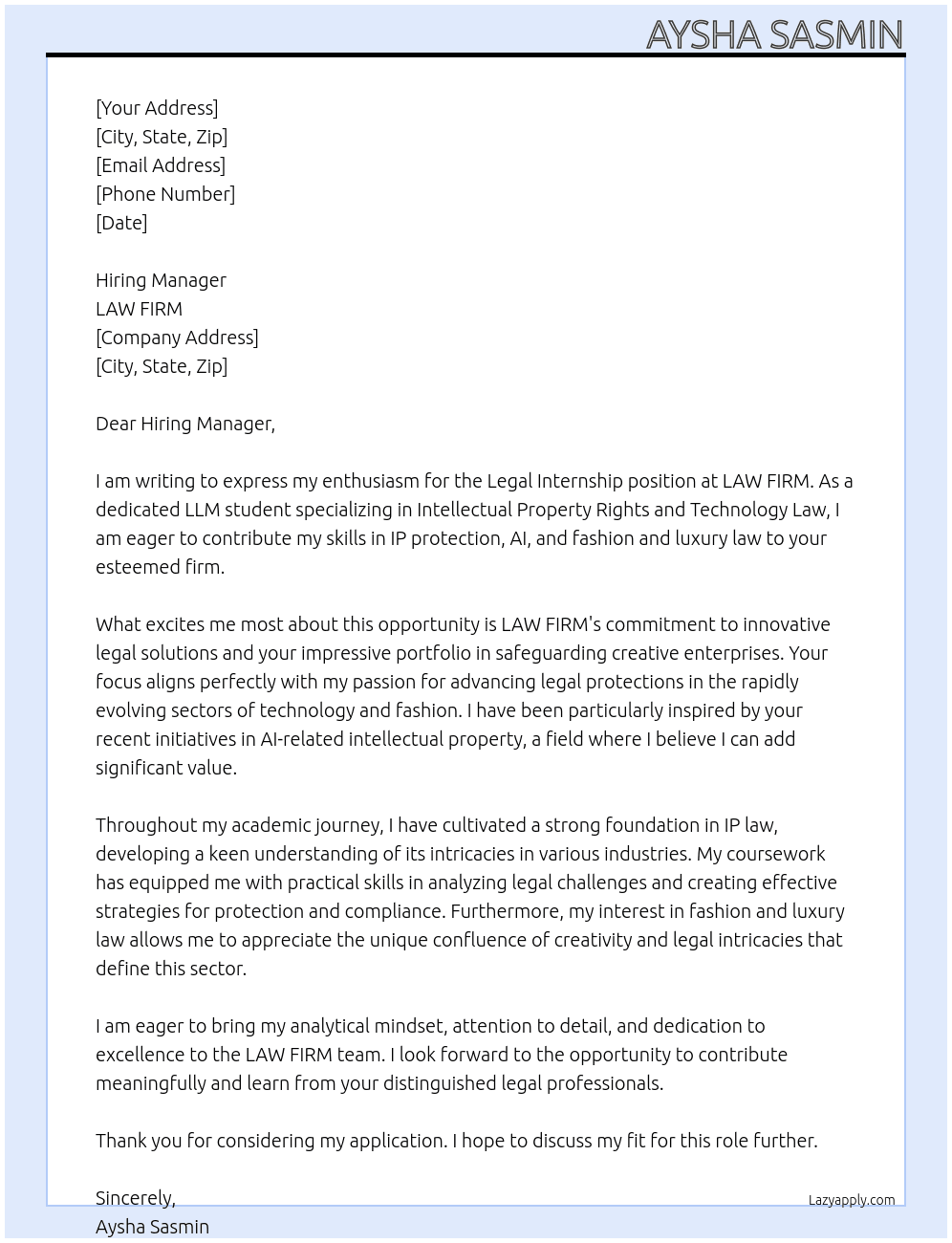 LEGAL INTERNSHIP At LAW FIRM Cover Letter