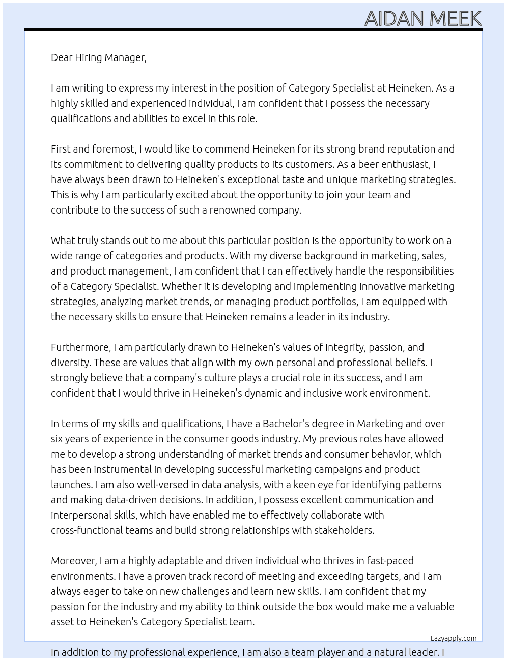 Cover letter for catergory specialist - LazyApply