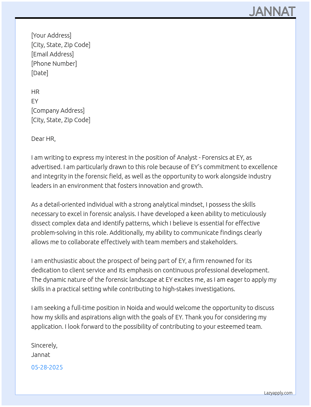 Analyst - Forensics At EY Cover Letter