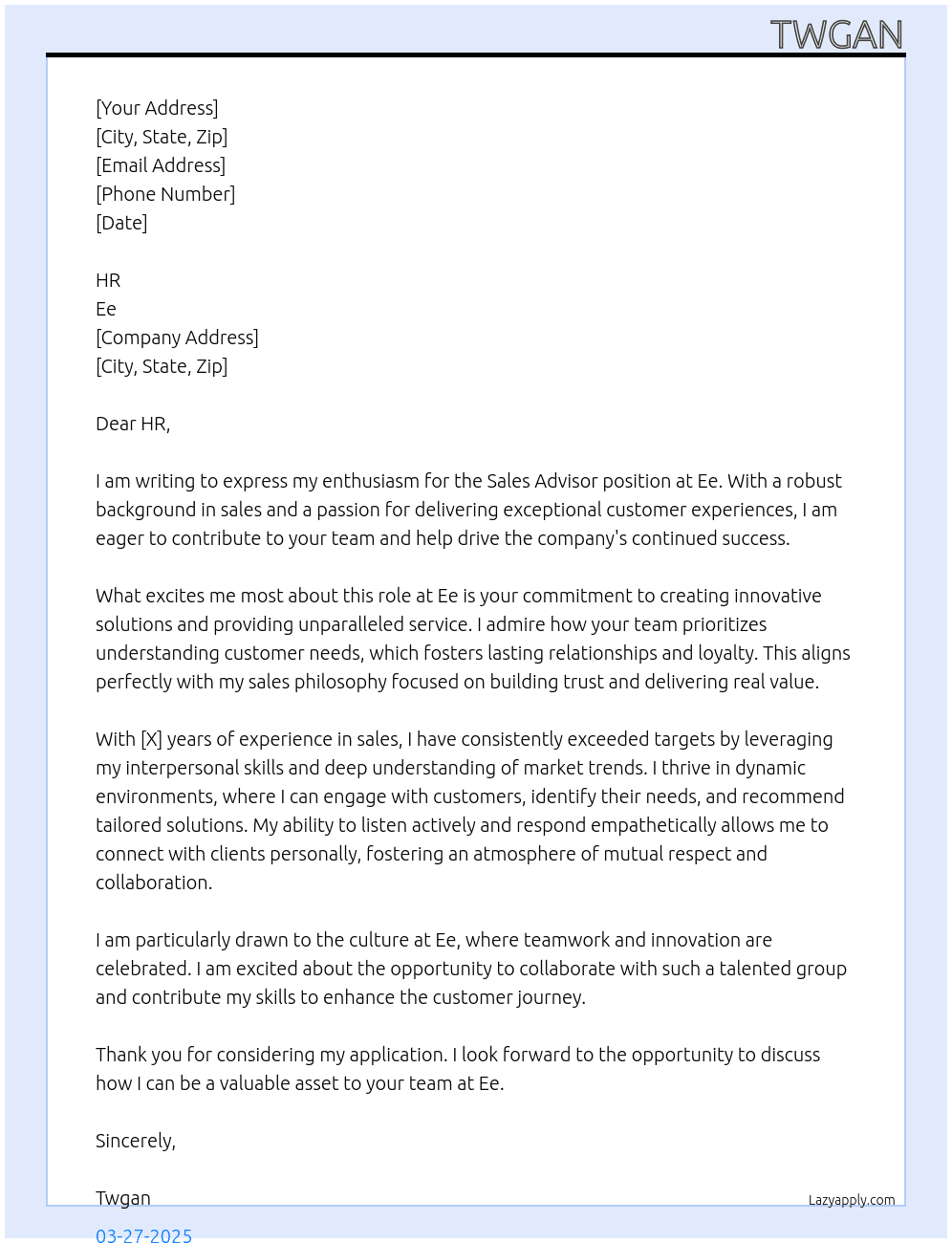 Sales advisor  At Ee Cover Letter