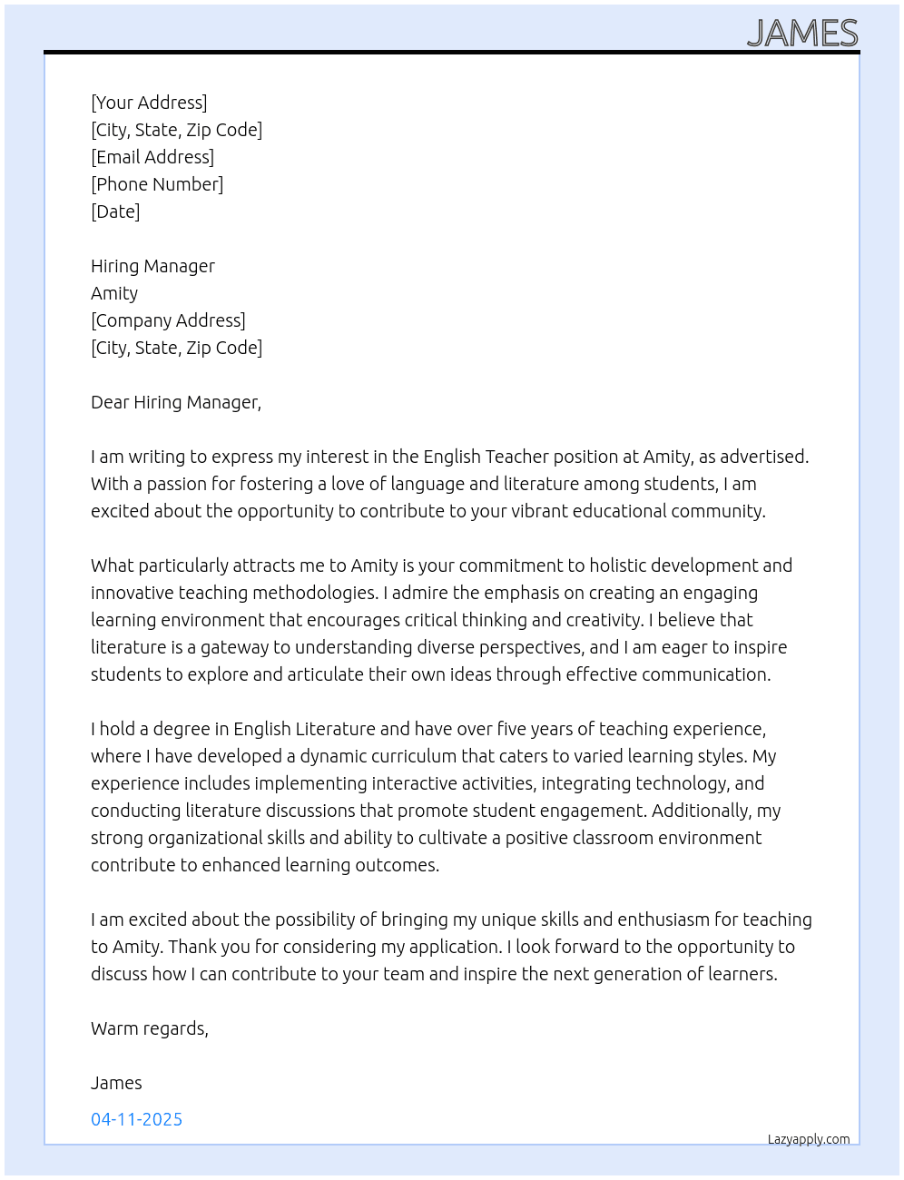 English Teacher At Amity Cover Letter