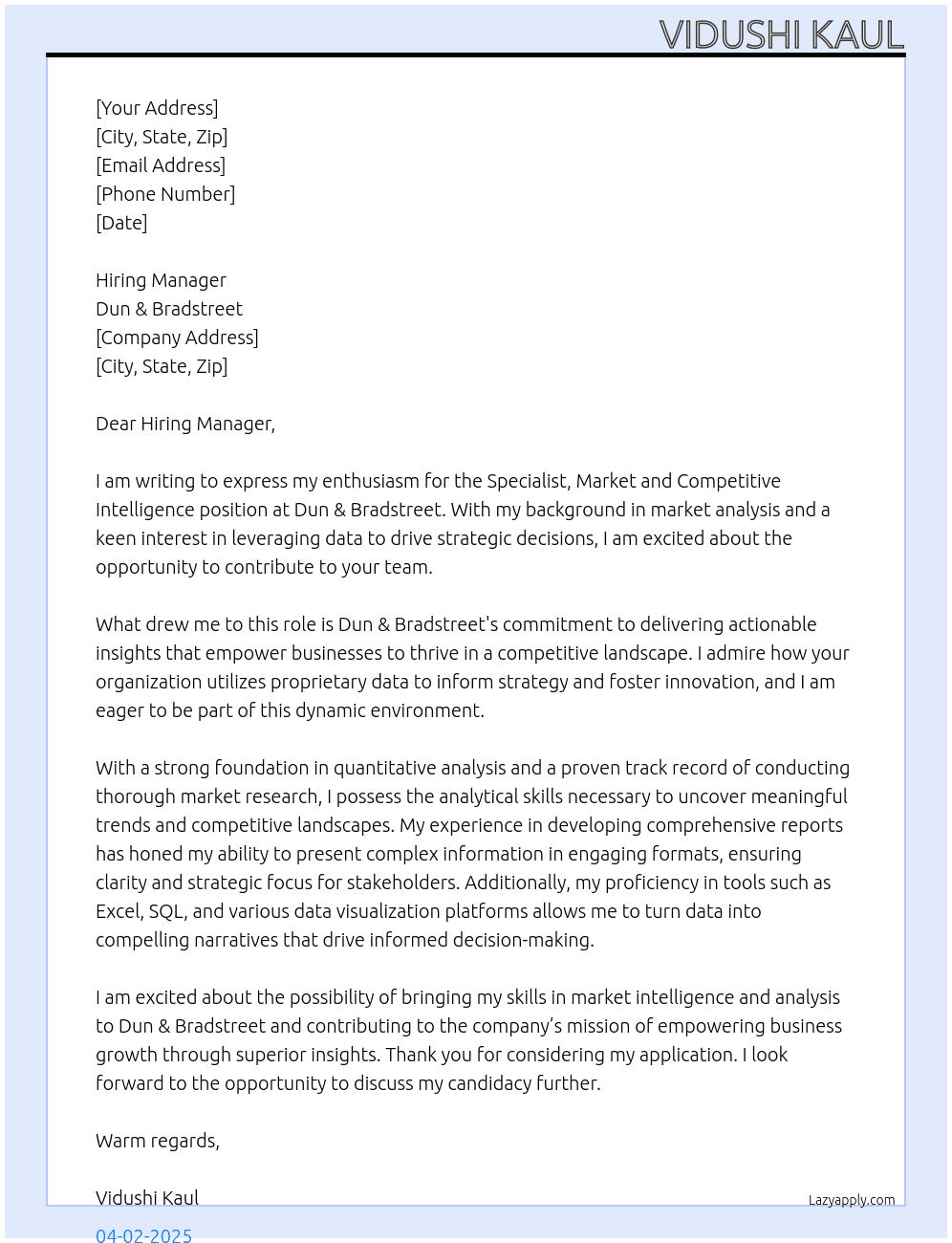 Cover letter for specialist, market and competitive intelligence - LazyApply