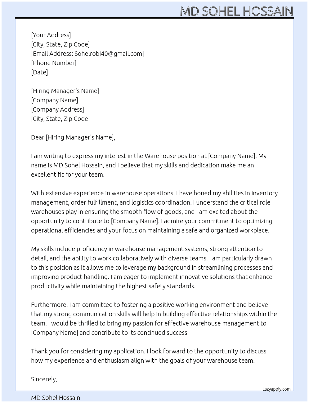 warehouses At Sohelrobi40@gmail.com Cover Letter