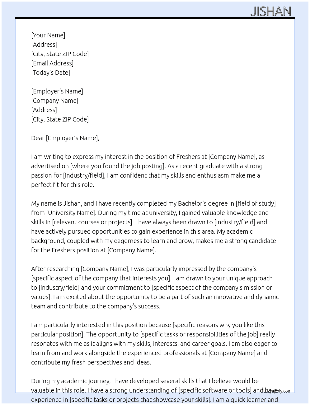 Freshers At Jishan  Cover Letter