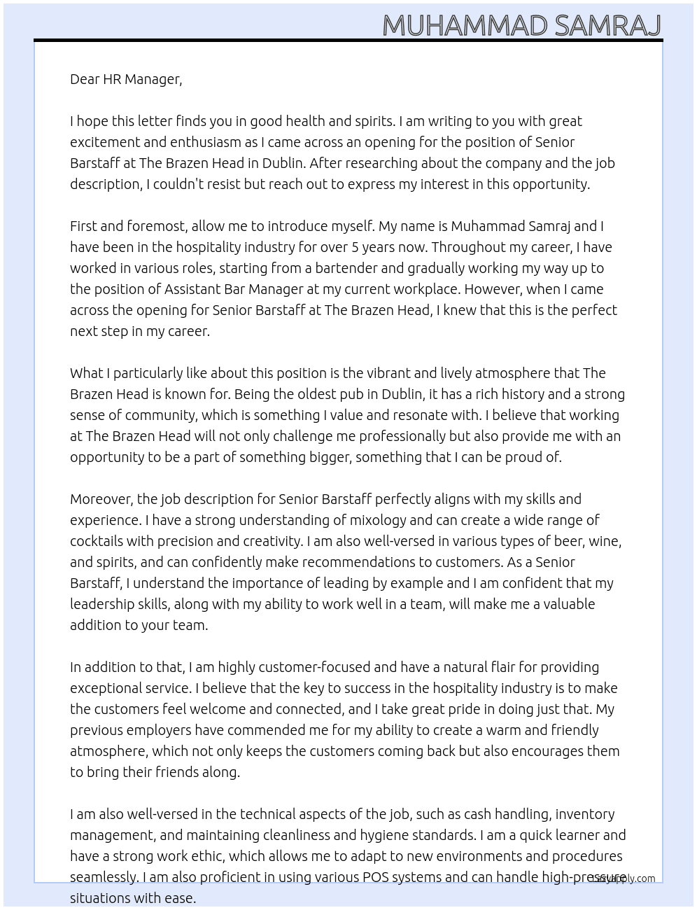 Senior Barstaff At The Brazen Head - Dublin Cover Letter