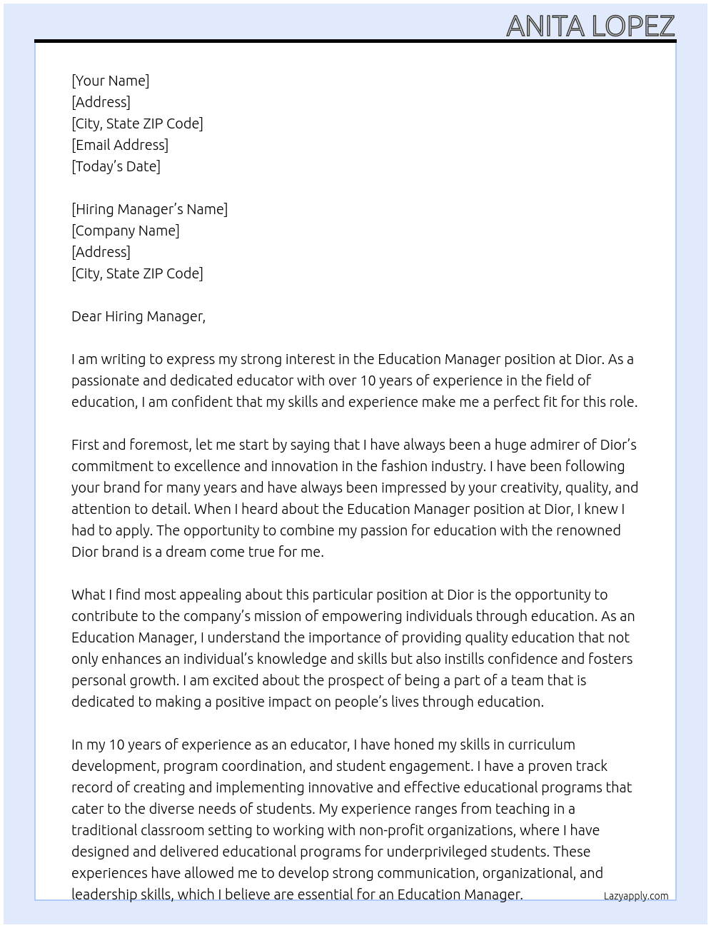 Cover letter for education manager - LazyApply