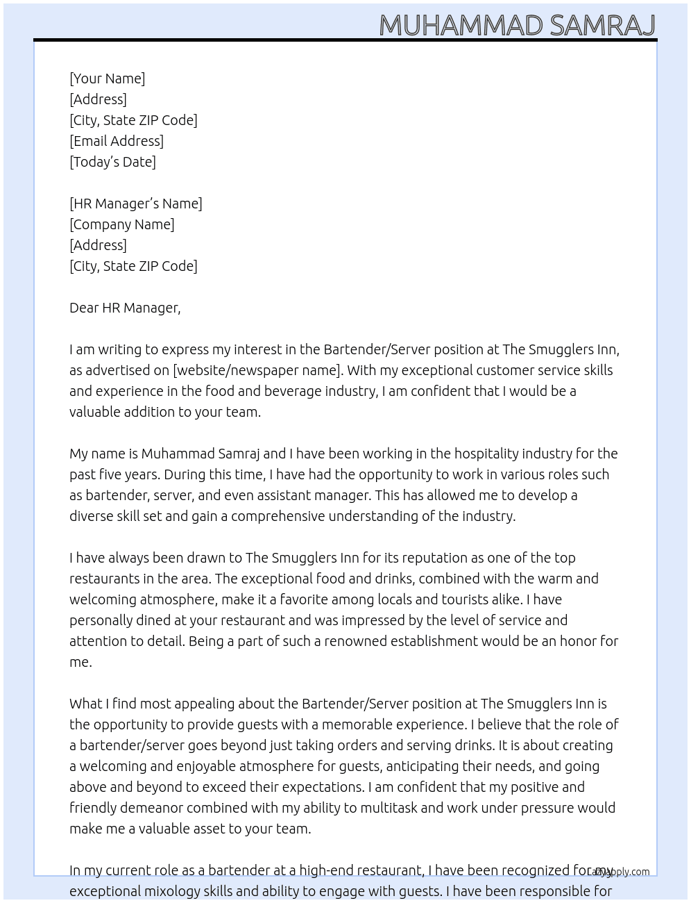Bartender/Server At THE SMUGGLERS INN Cover Letter