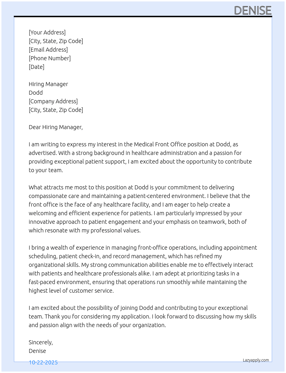 medical front office  At Dodd Cover Letter
