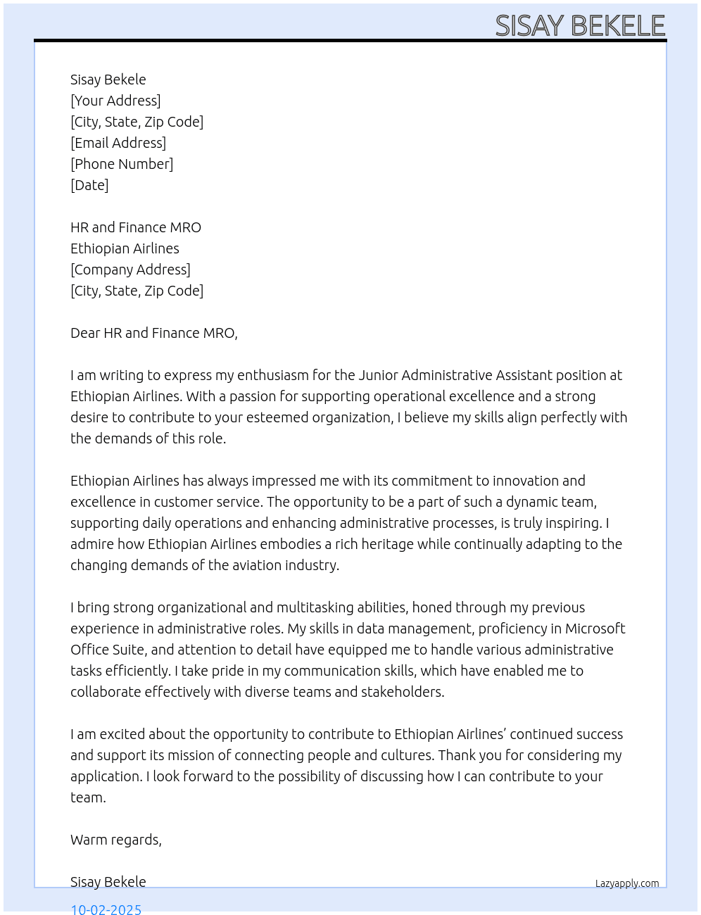 Juneior admintrative assisatant  At Ethiopian airlines Cover Letter