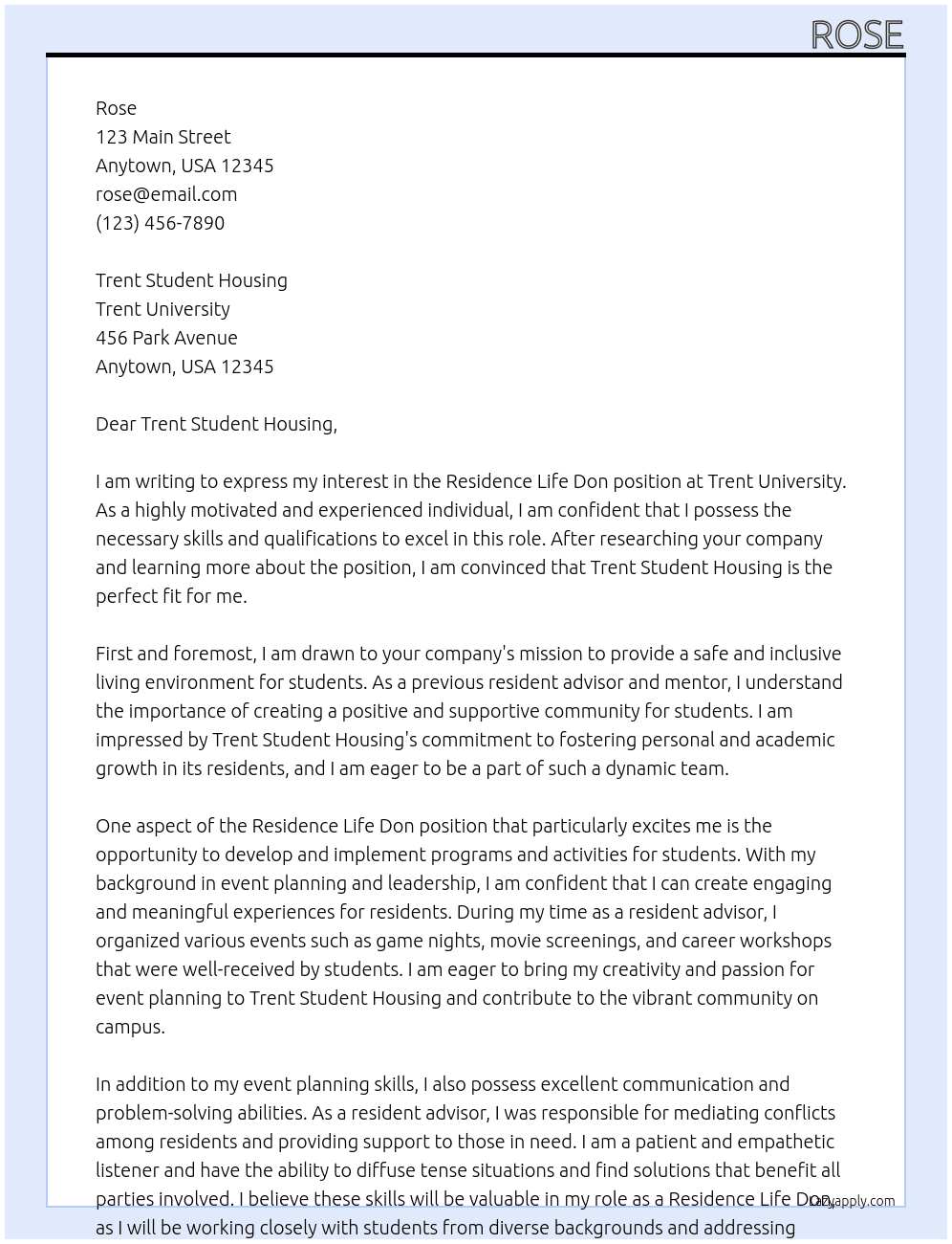 Cover letter for residence life don - LazyApply