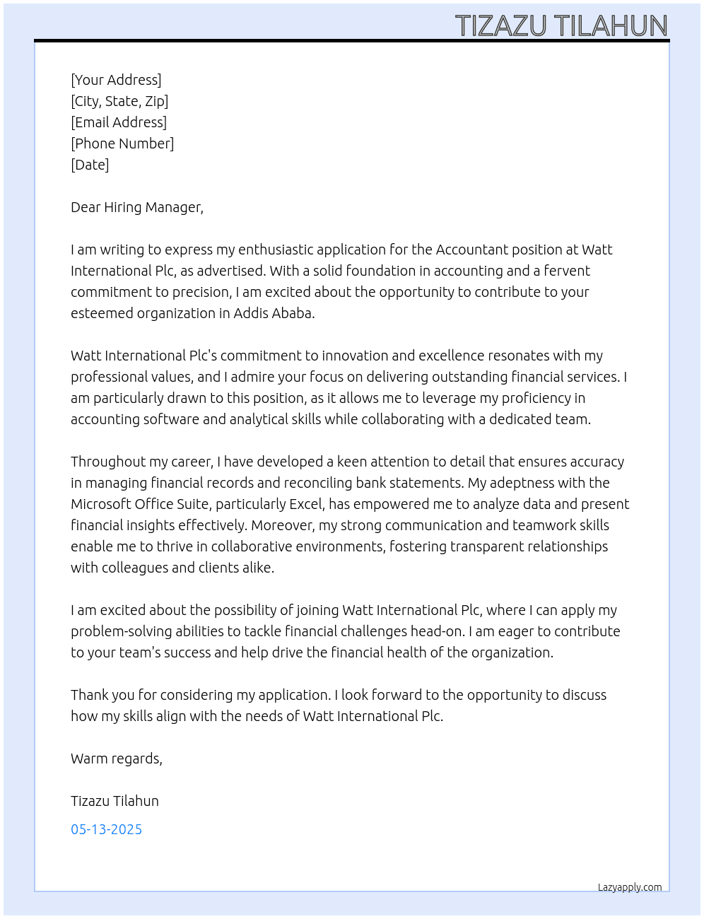 Accountant At Watt International Plc Cover Letter