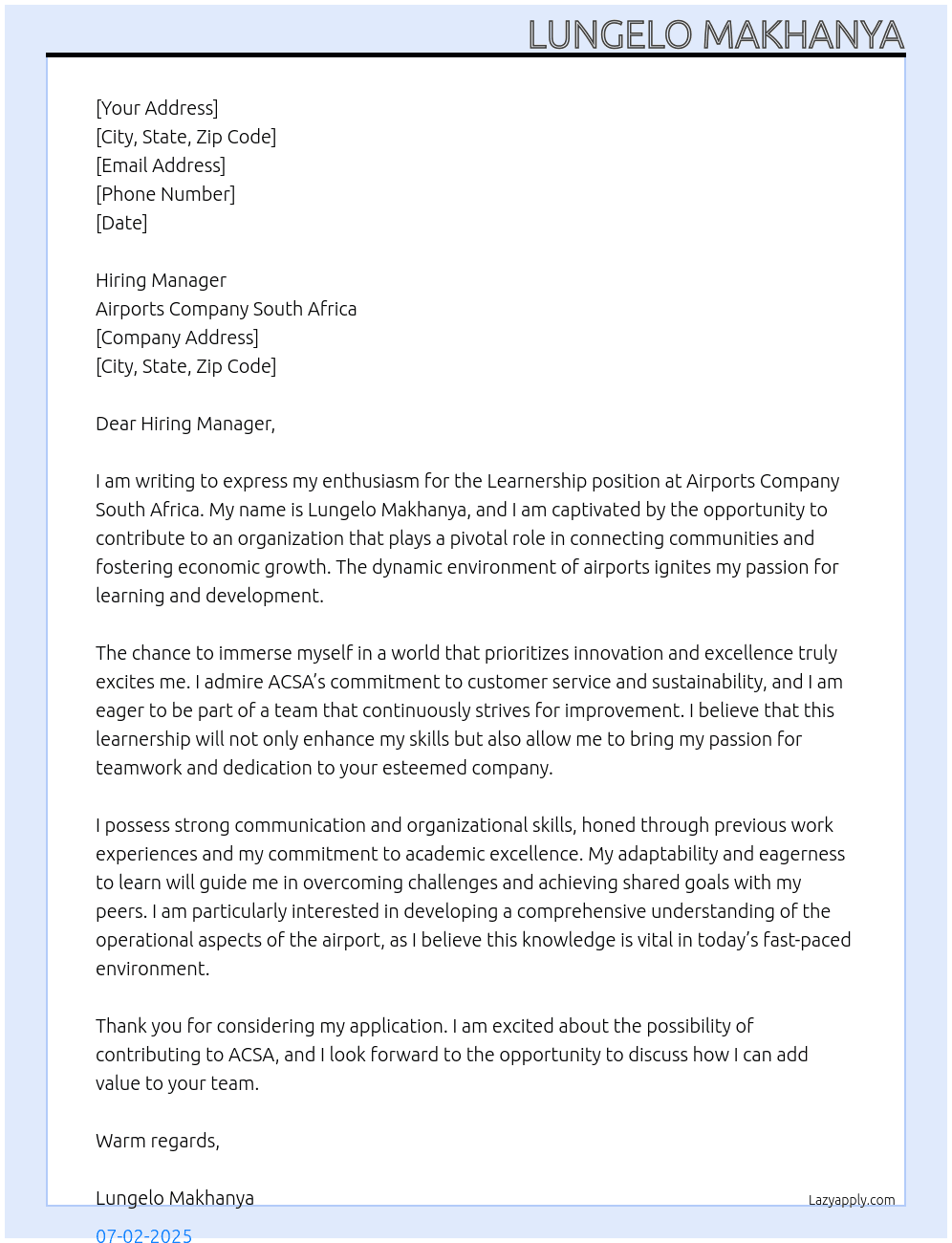 Learnership At Airports Company South Africa Cover Letter