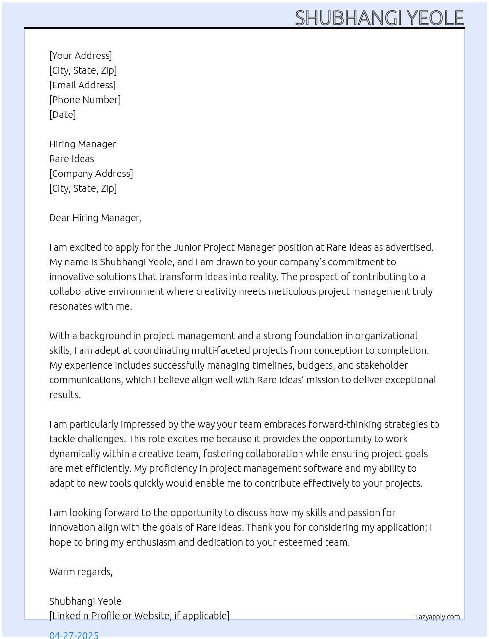 Junior Project Manager At Rare Ideas Cover Letter
