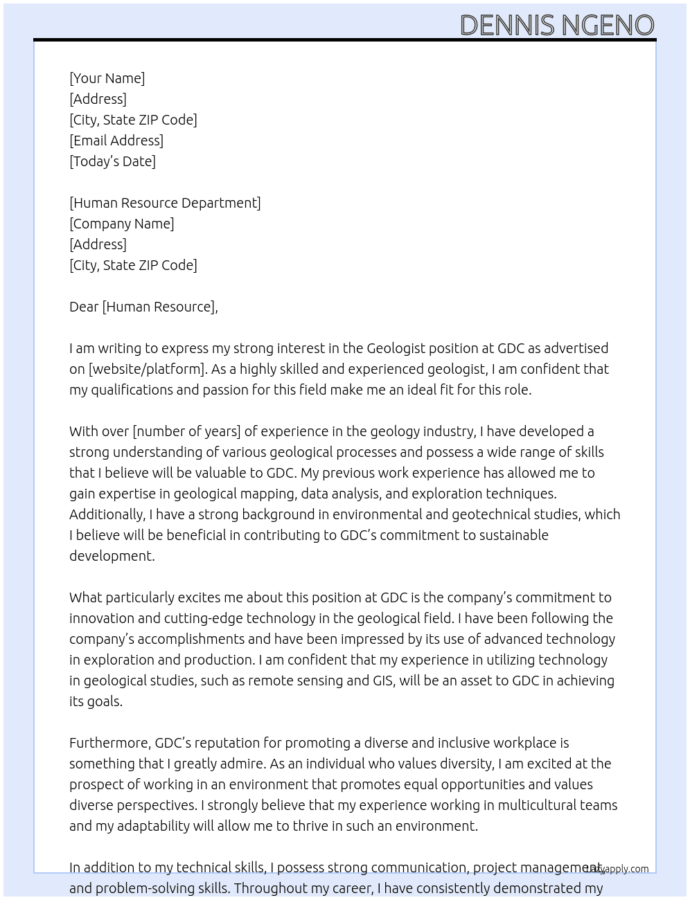 geologist At GDC Cover Letter