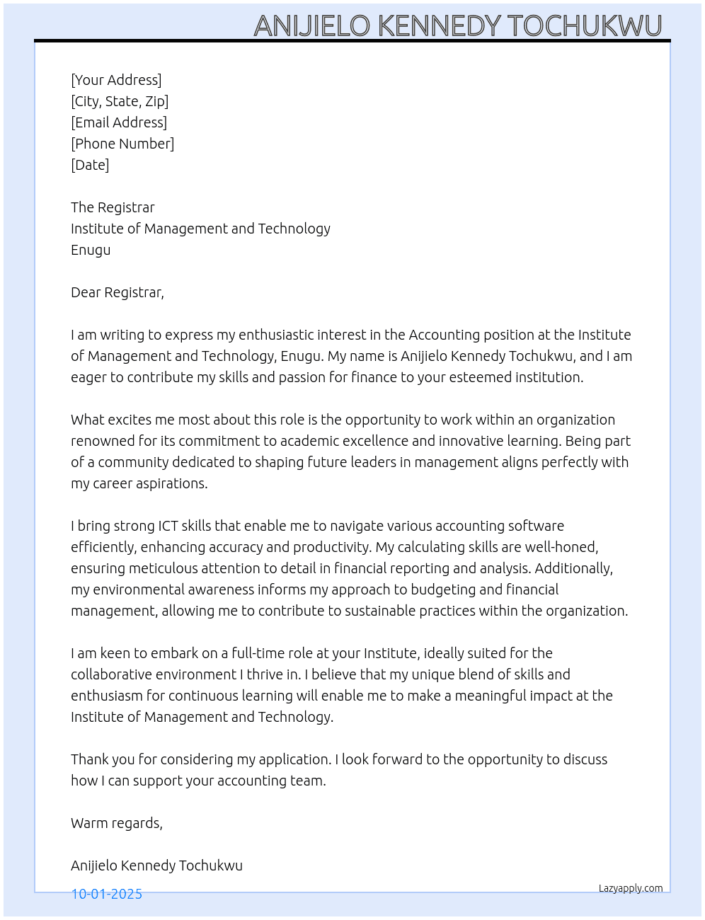 Accounting  At Institute of management and technology, Enugu  Cover Letter