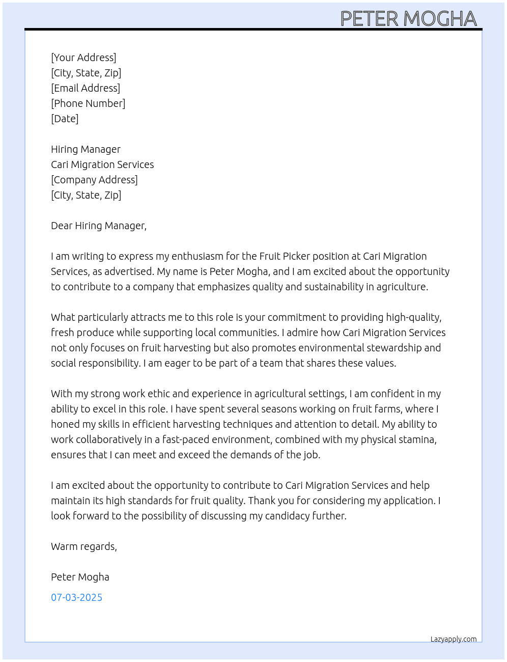 Frui Picker At Cari Migration Services  Cover Letter