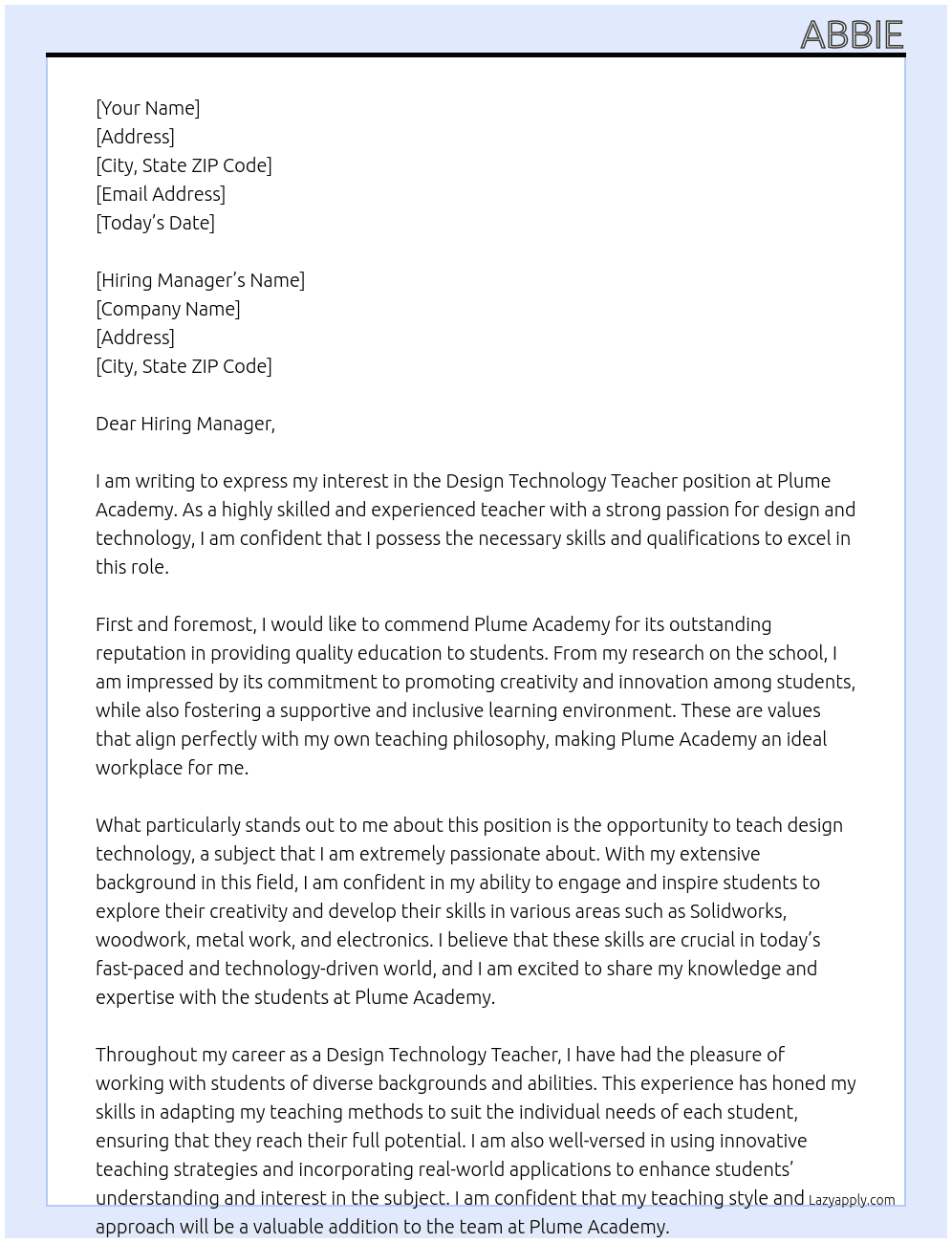 Design Technology Teacher At Plume Academy  Cover Letter