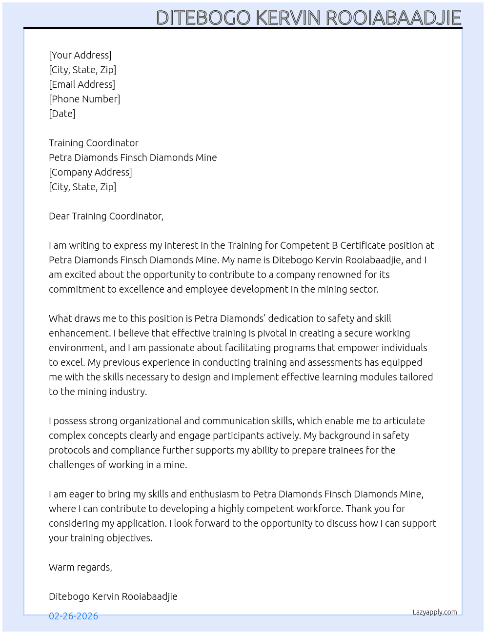 Cover letter for training for competent b certificate in the mine - LazyApply