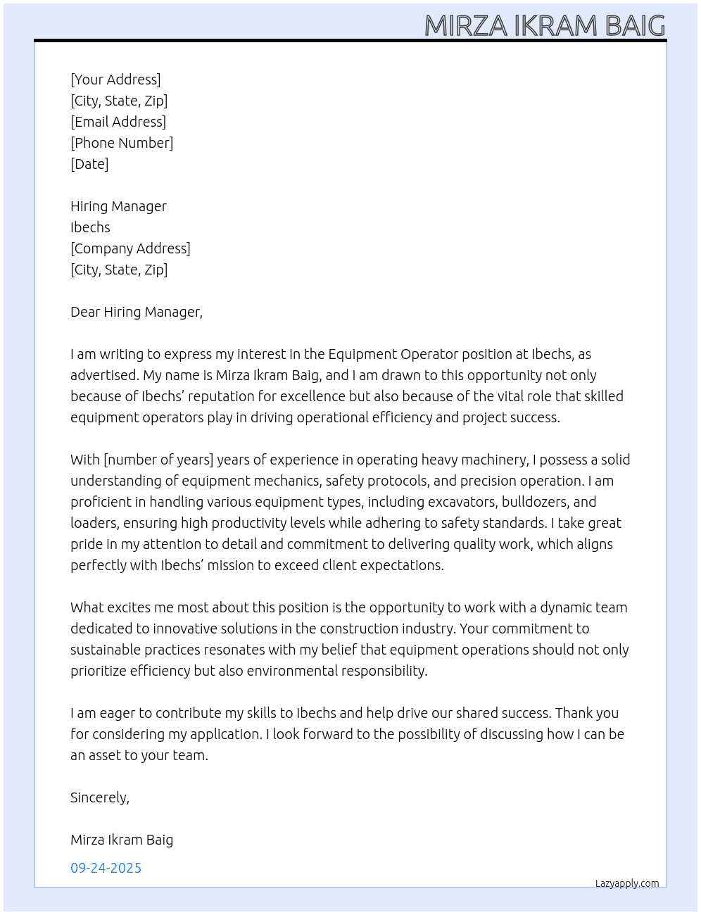 Equipment operator  At Ibechs  Cover Letter