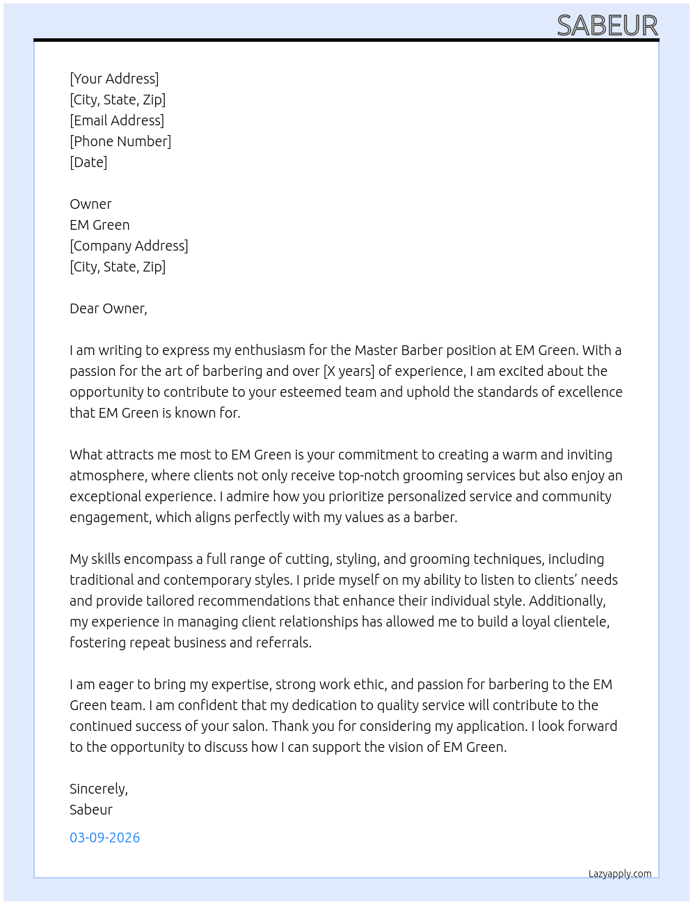 Master barber At EM green Cover Letter