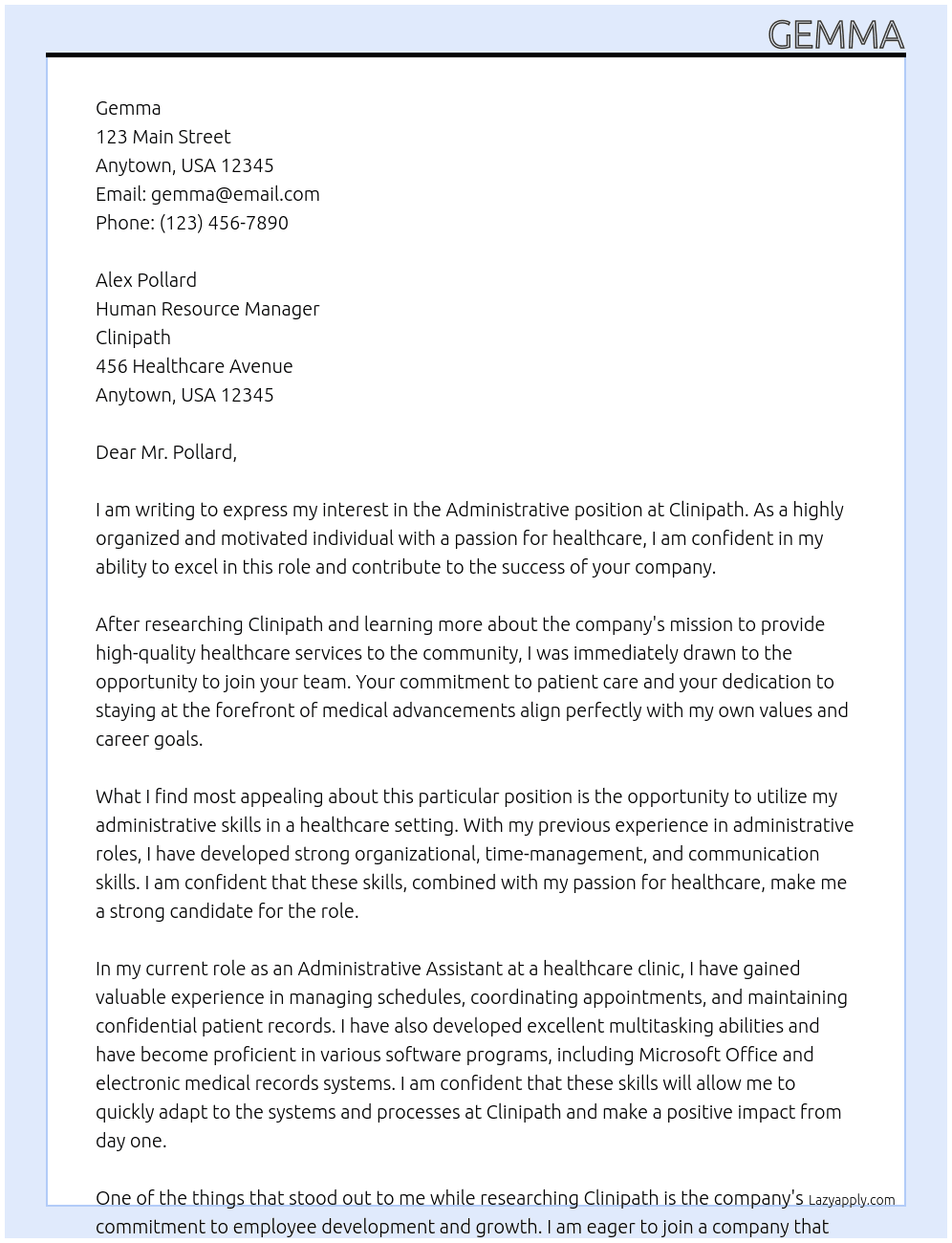 ADMIN At CLINIPATH Cover Letter
