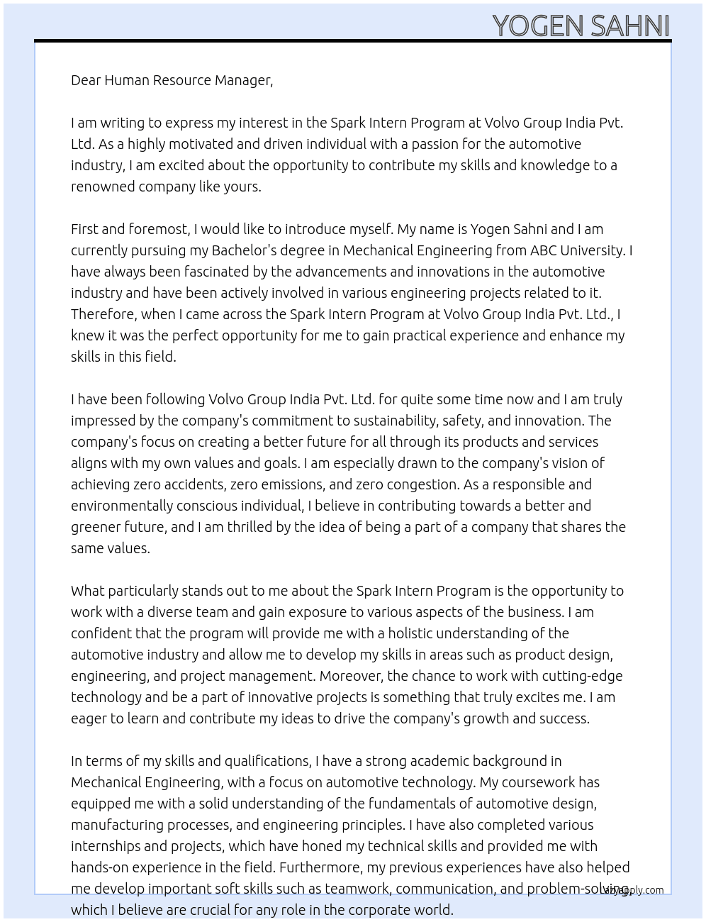 Spark Intern Program At Volvo Group India Pvt. Ltd. Cover Letter