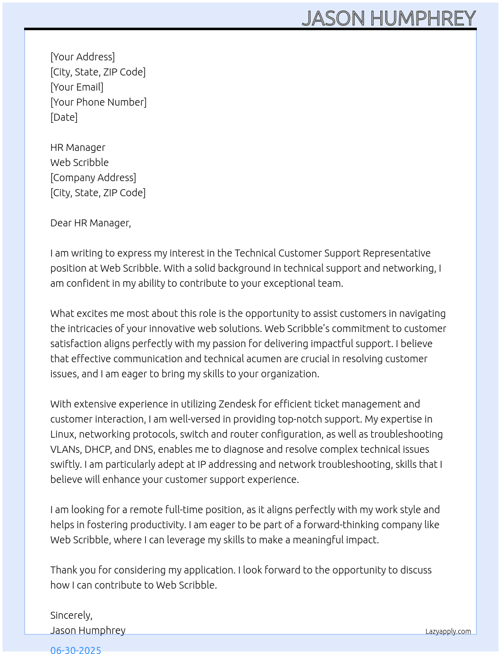 Technical Customer Support Representative At Web Scribble Cover Letter