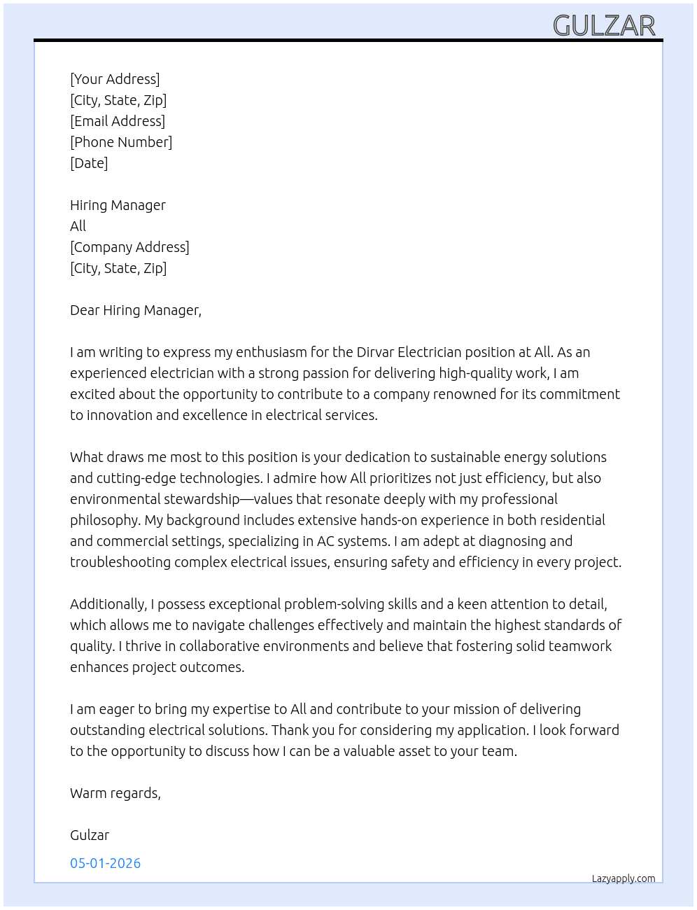 Dirvar electrician  Ac. At All Cover Letter