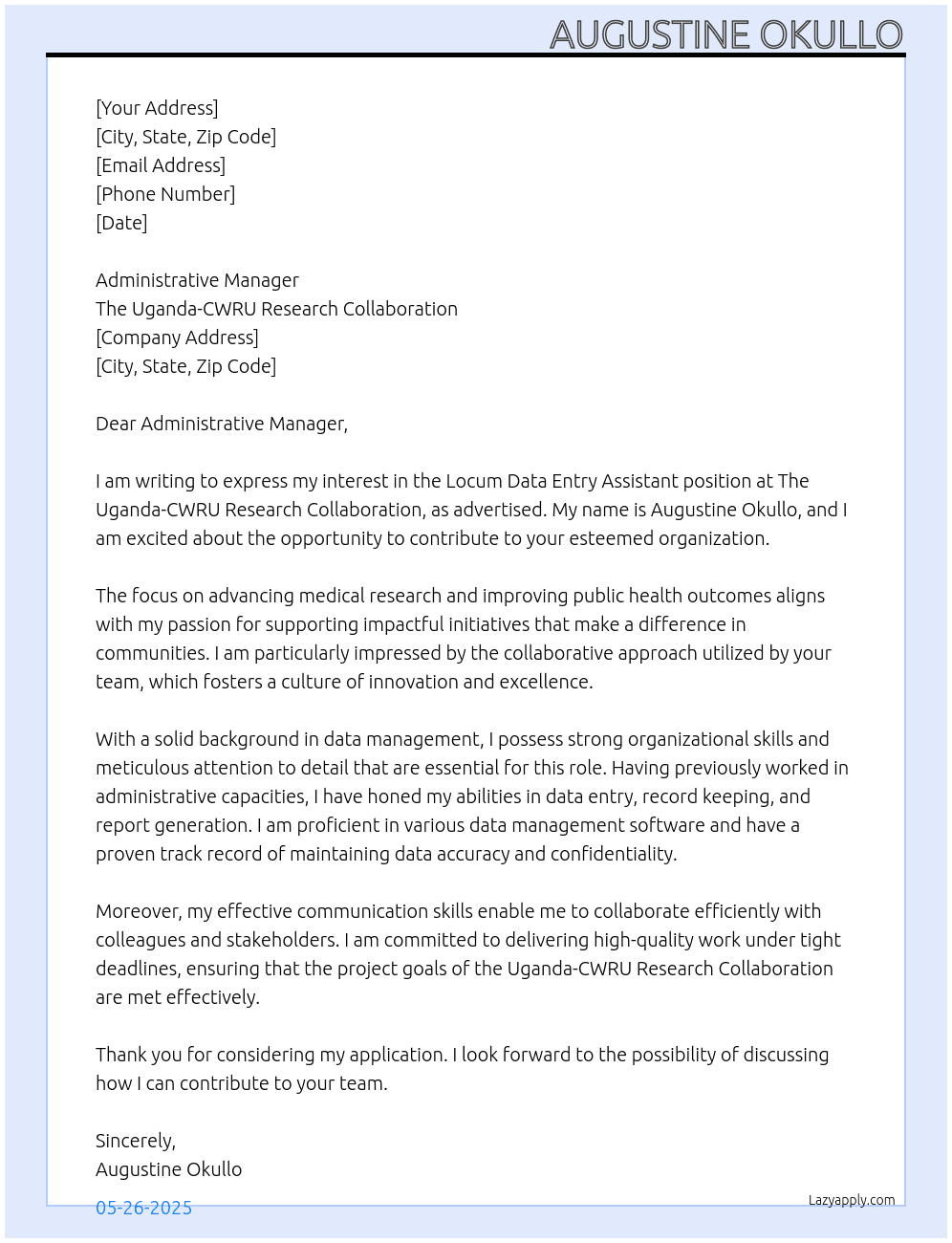 Locum data entry Assistant At The uganda-CWRU Research Collobaration Cover Letter