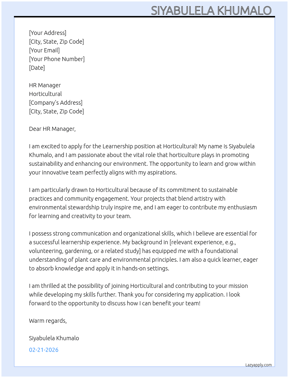 Learnership  At Horticultural  Cover Letter