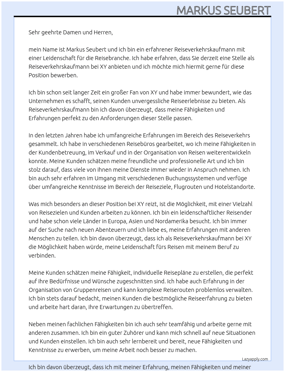 Reiseverkehrskaufmann At XY Cover Letter