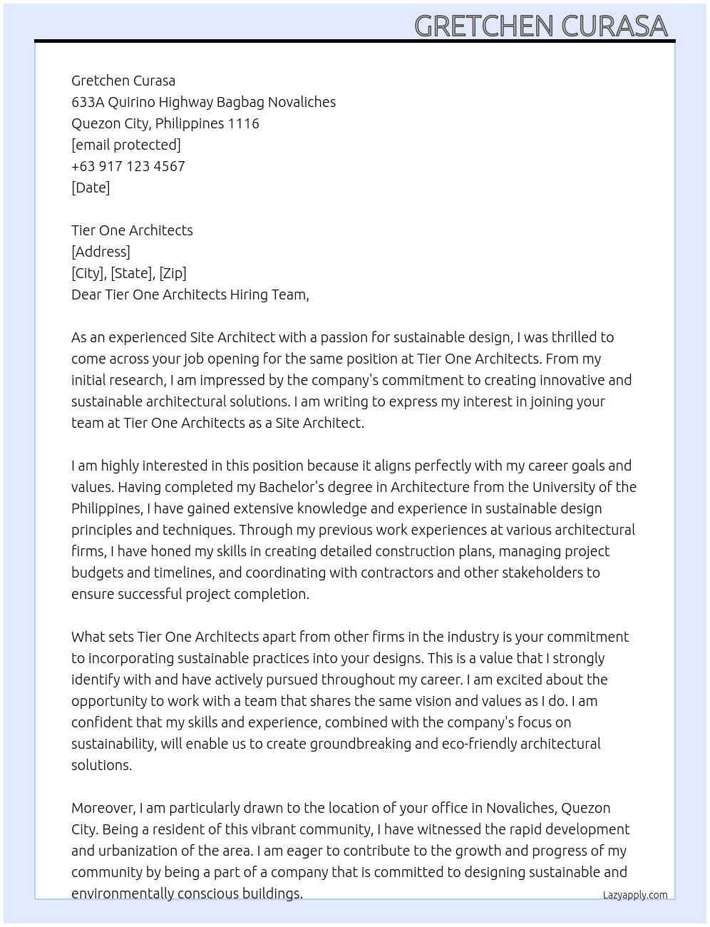 Site architect  At Tier one architects  Cover Letter