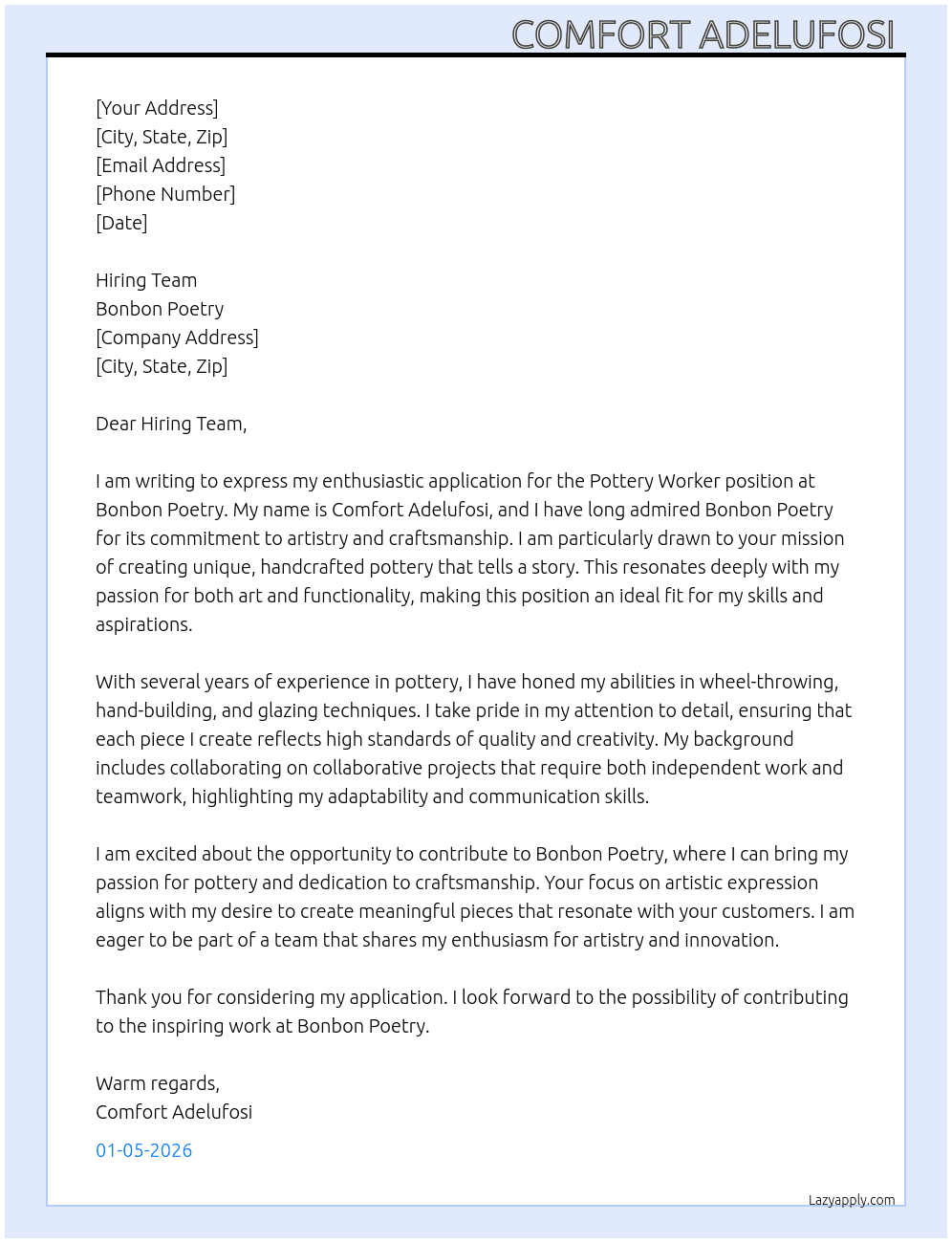 Cover letter for pottery worker - LazyApply