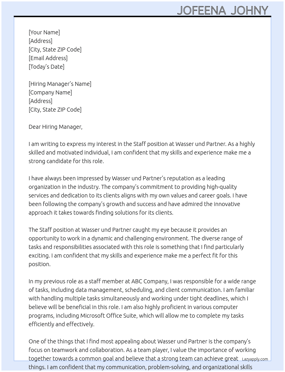 Staff At Wasser und partner  Cover Letter