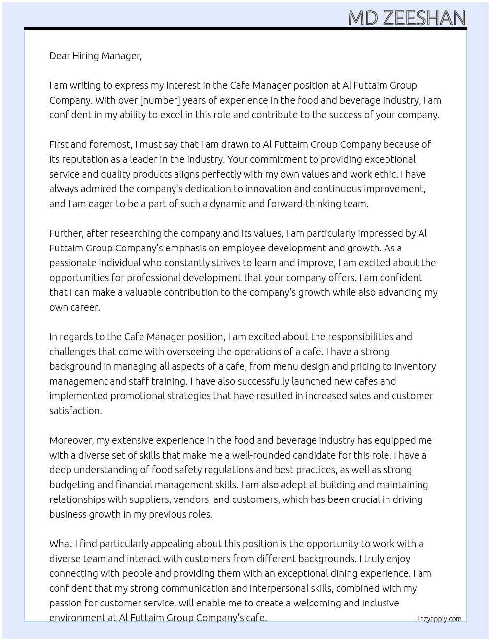 Cafe Manager At Al futtaim Group Company Cover Letter