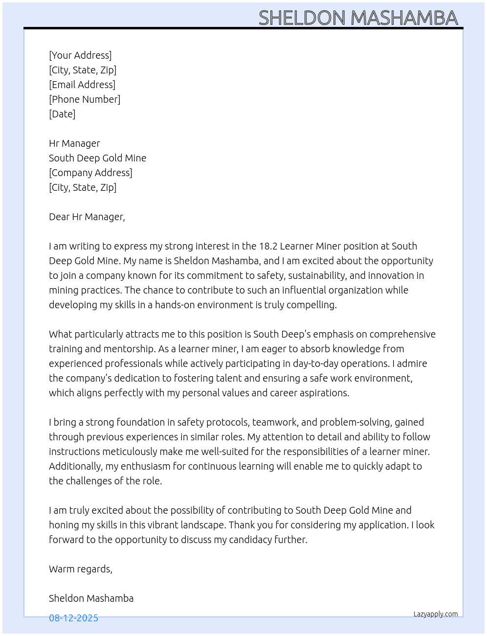 18.2 learner miner At South deep gold mine Cover Letter