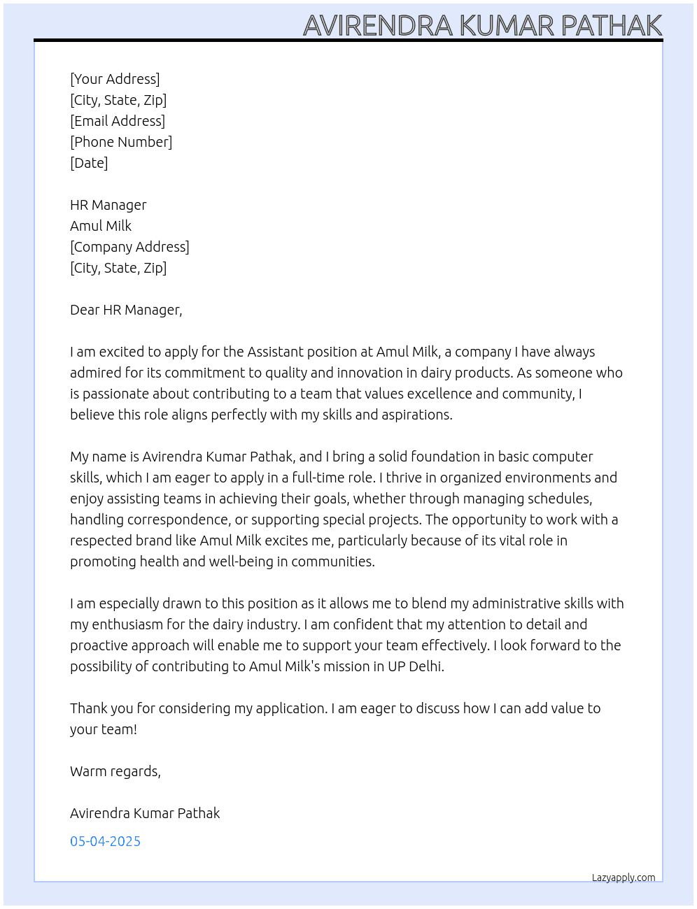 Assistant At Amul milk  Cover Letter
