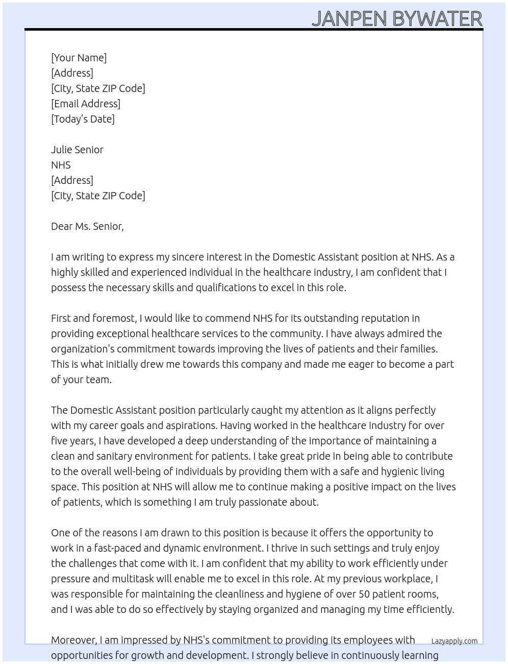 Domestic Assistant At NHS Cover Letter