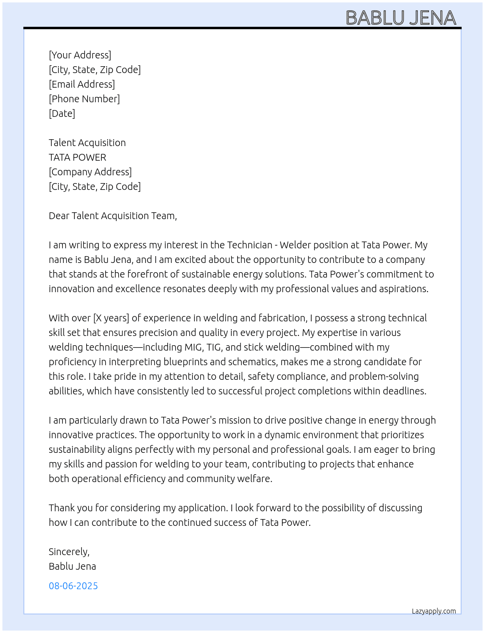 TECHNICIAN -WELDER  At TATA POWER  Cover Letter