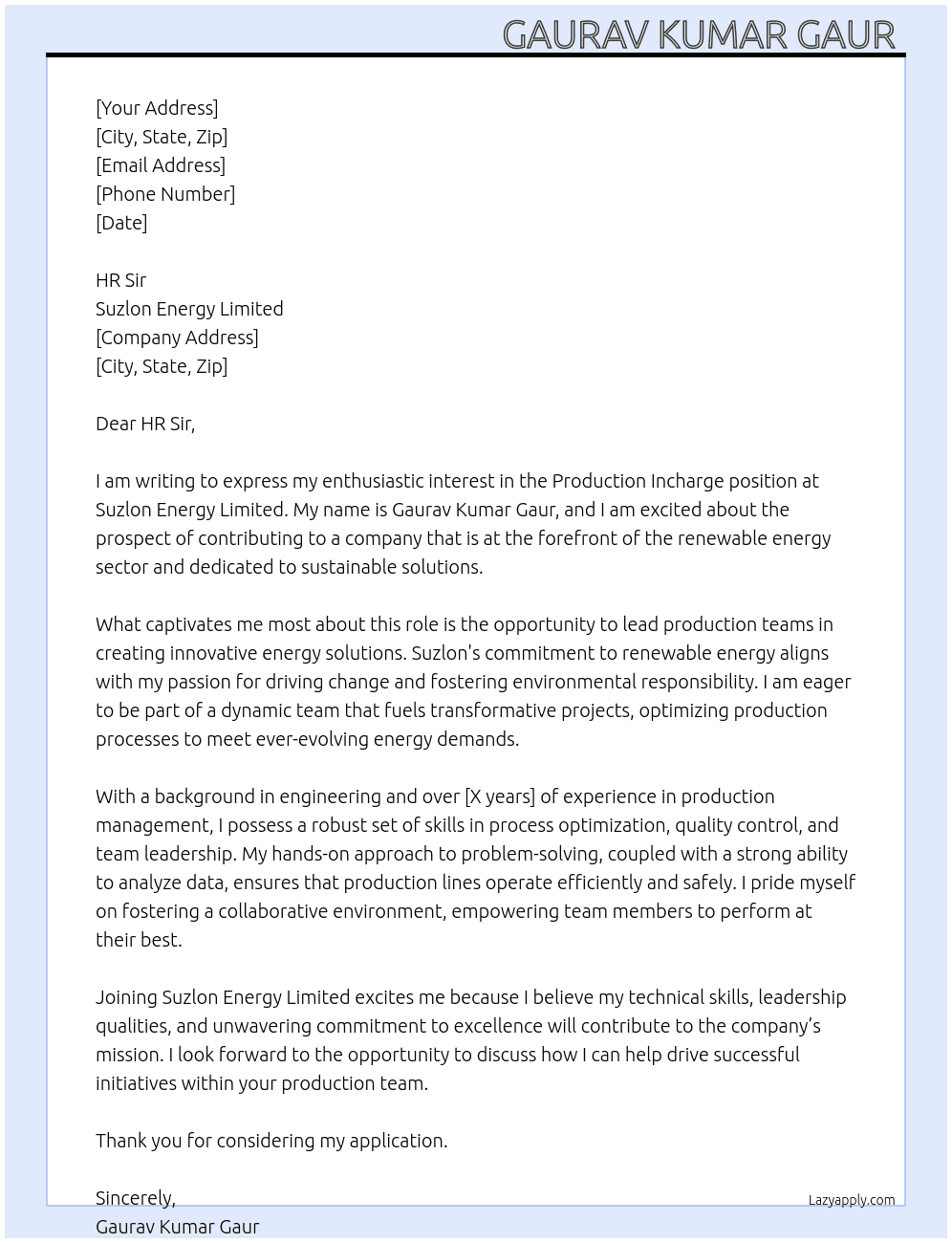 Cover letter for production incharge - LazyApply