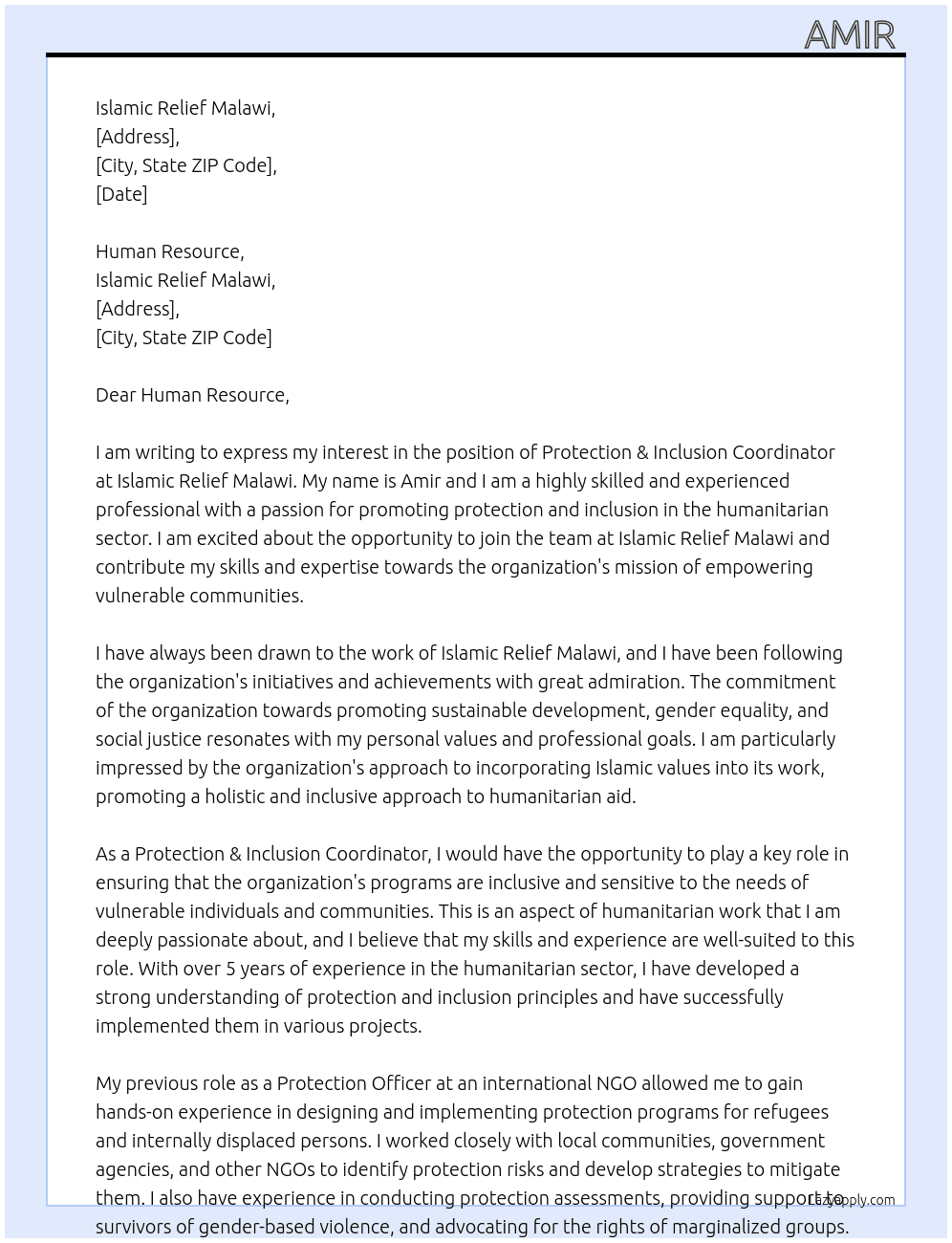 Protection &Inclusion  Coordinator At ISLAMIC RELIEF MALAWI Cover Letter