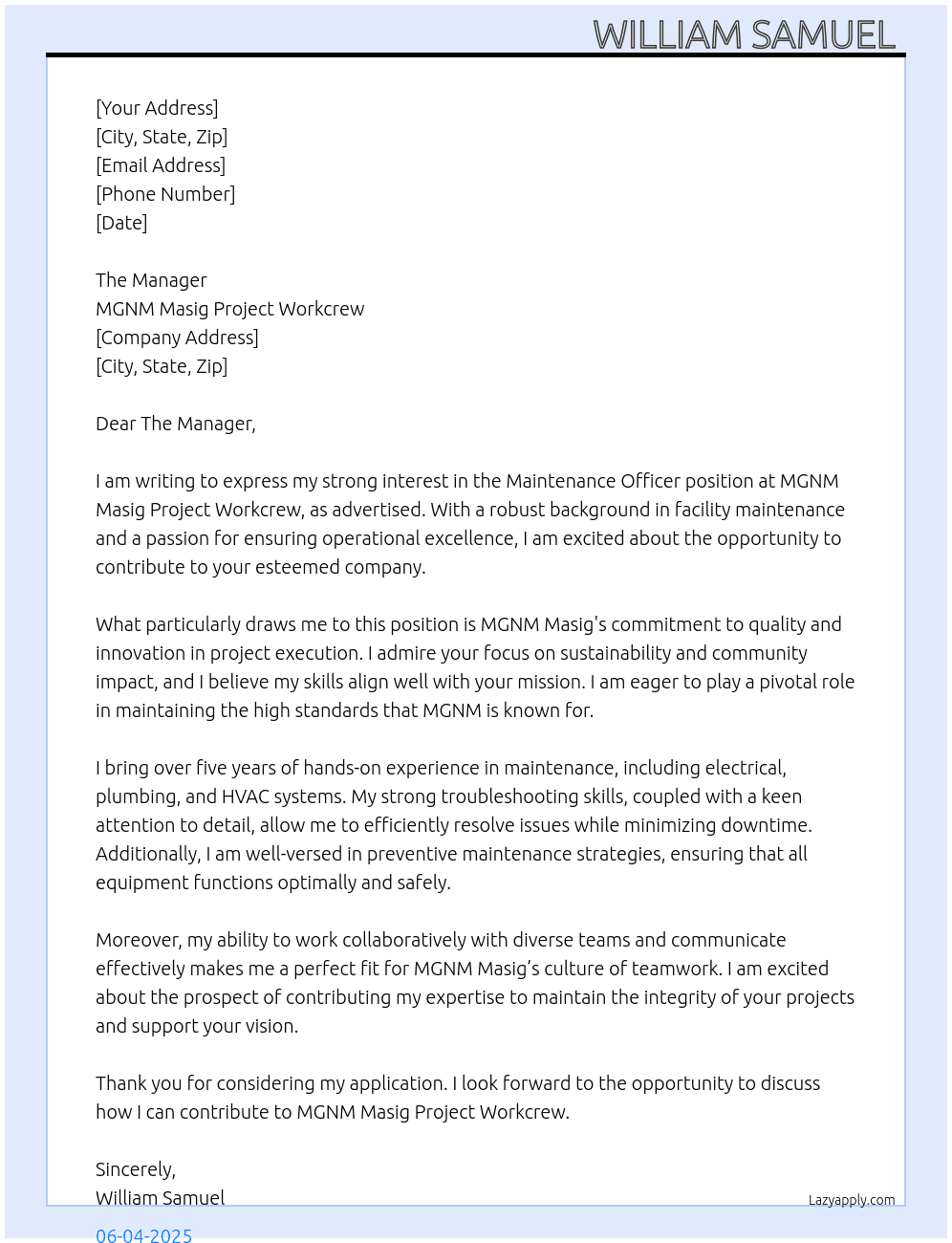 Cover letter for maintenace officer - LazyApply