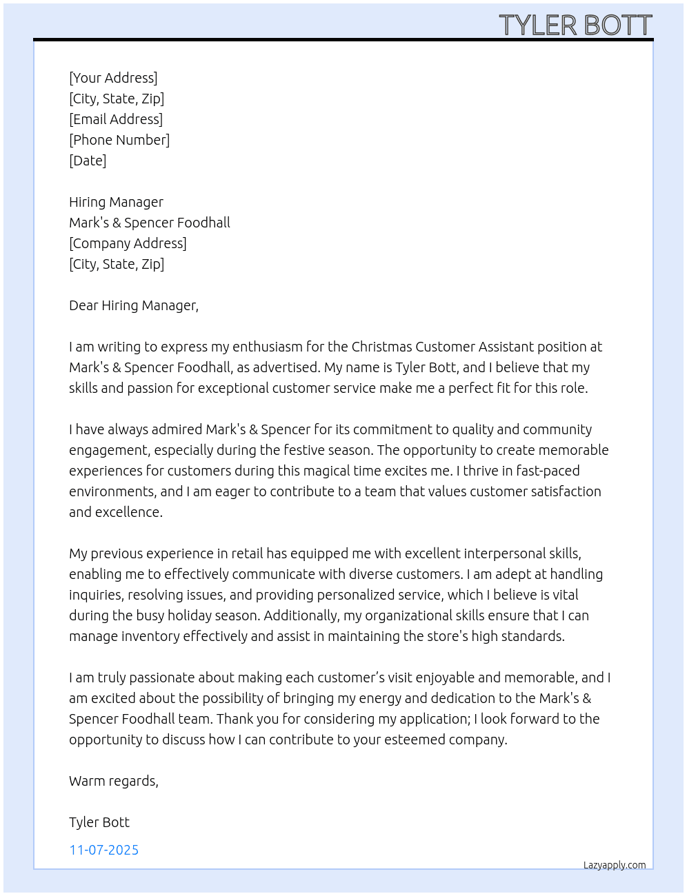 Christmas Customer Assistant At Mark's & Spencer Foodhall Cover Letter