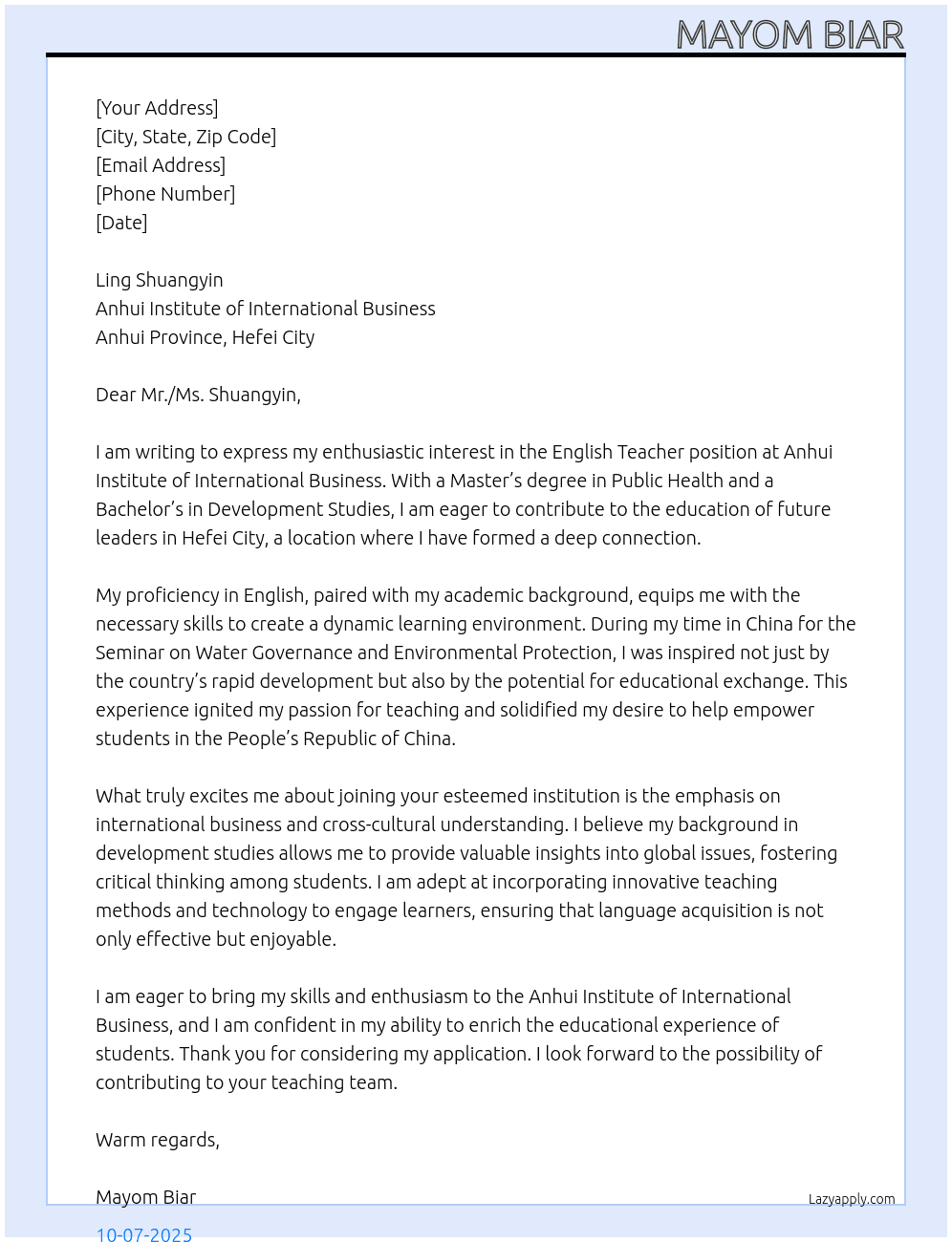 English Teacher At Anhui Institute of International Business, Anhui Province, Hefei City Cover Letter