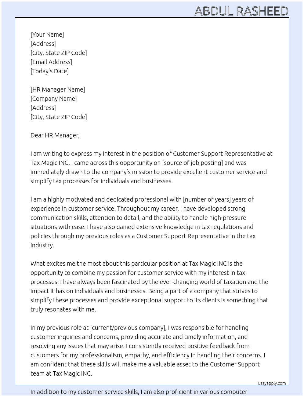 Customer Support Representative At Tax Magic INC Cover Letter