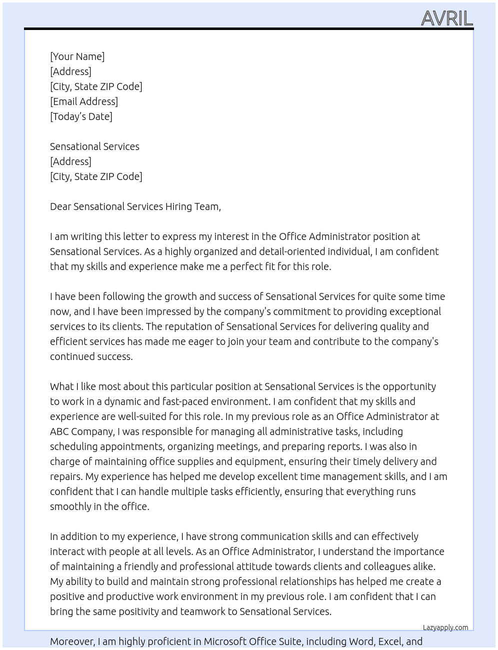 Office administrator At Sensational Services Cover Letter