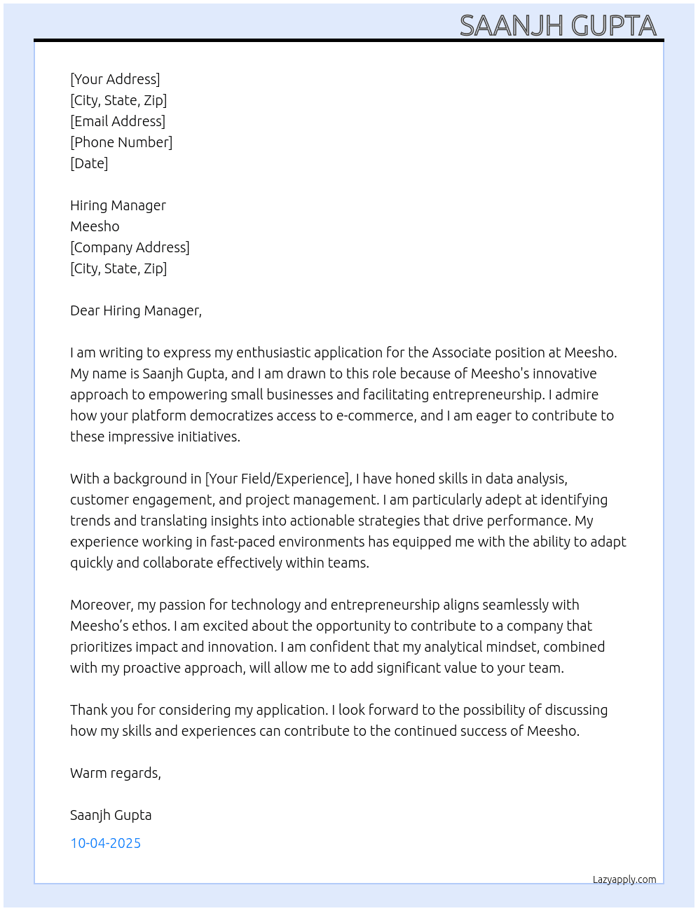 Associate  At Meesho  Cover Letter