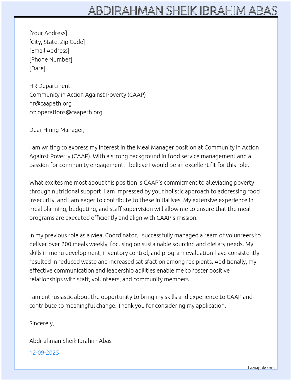 Cover letter for meal manager - LazyApply