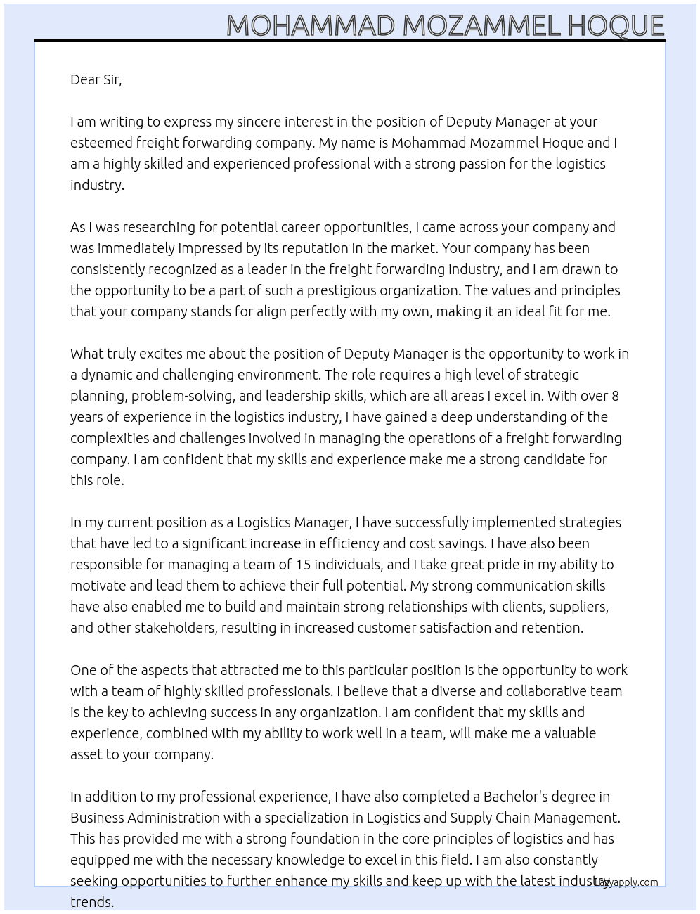 Deputy Manager At A reputed freight forwarding company Cover Letter