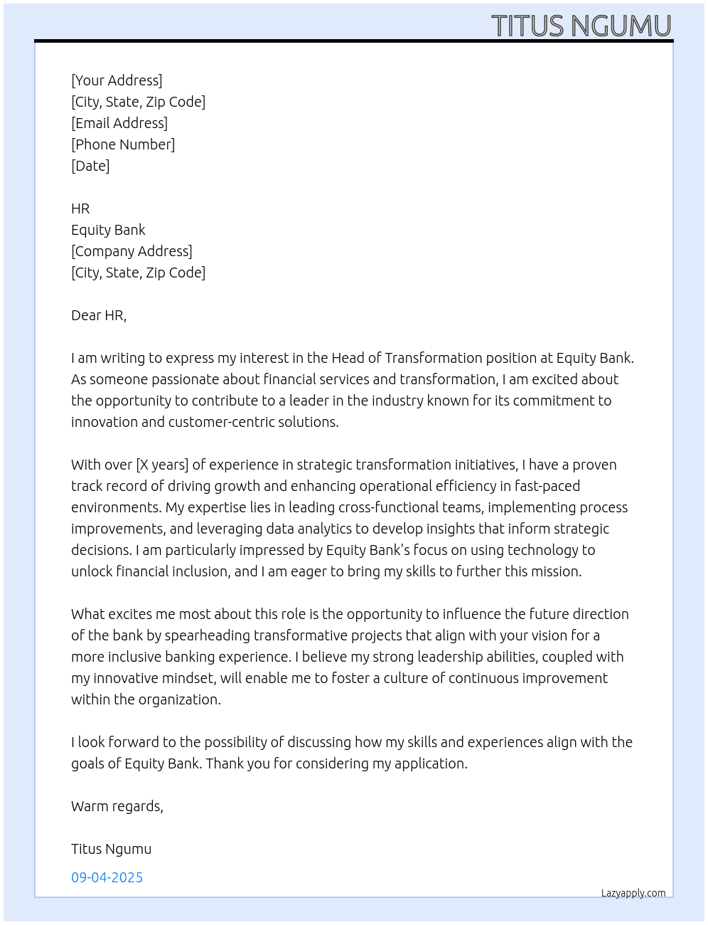 Head of transformation At equity bank Cover Letter